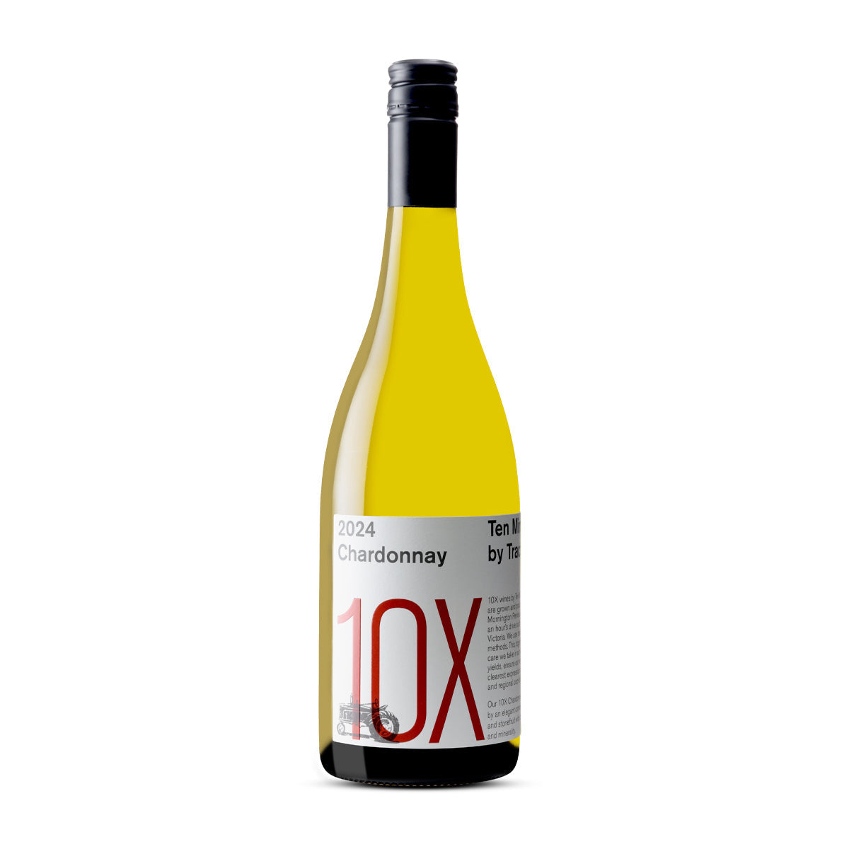 Bottle of Ten Minutes by Tractor 10X Chardonnay 2024 with a clean white label, red text, and Mornington Peninsula winery branding.