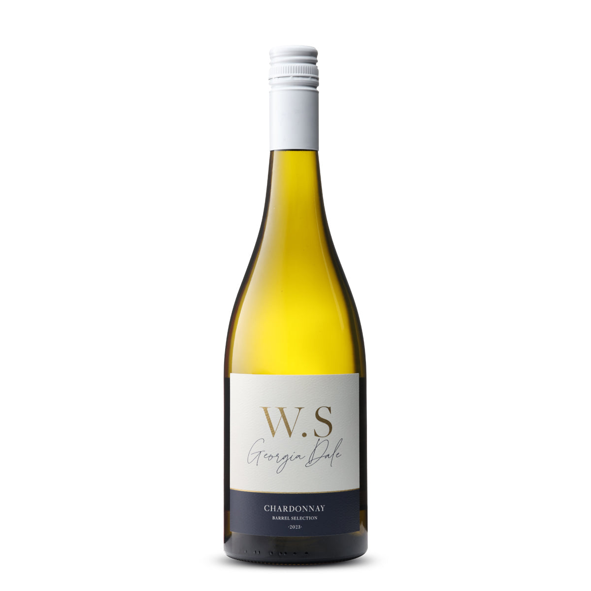 An elegant bottle of W.S. Georgia Dale Chardonnay 2022 with a white and gold label. The label displays 'W.S' in large gold letters at the top and 'Georgia Dale' written in script beneath. 'CHARDONNAY' and 'BARREL SELECTION 2022' are printed below in smaller text. The wine has a bright golden-yellow color visible through the glass, and the bottle is capped with a white screw cap against a white background