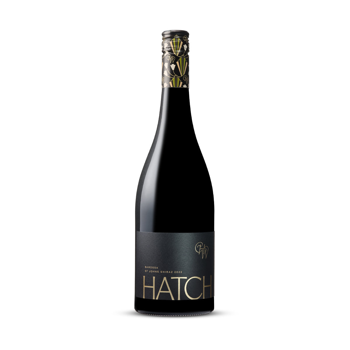 A bottle of Hatch St Johns Shiraz 2022, featuring a sleek black label with gold embossed text, showcasing a premium Barossa Valley Shiraz from Hatch Wines.