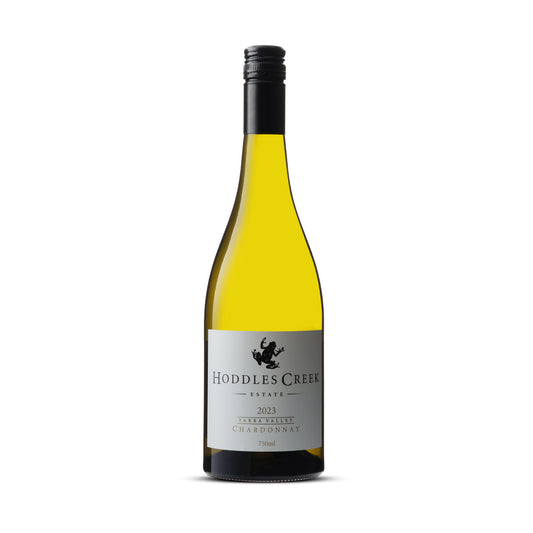 A bottle of 2023 Hoddles Creek Estate Chardonnay from the Yarra Valley, featuring a classic label with elegant typography. Buy wine online at Wine Simple.