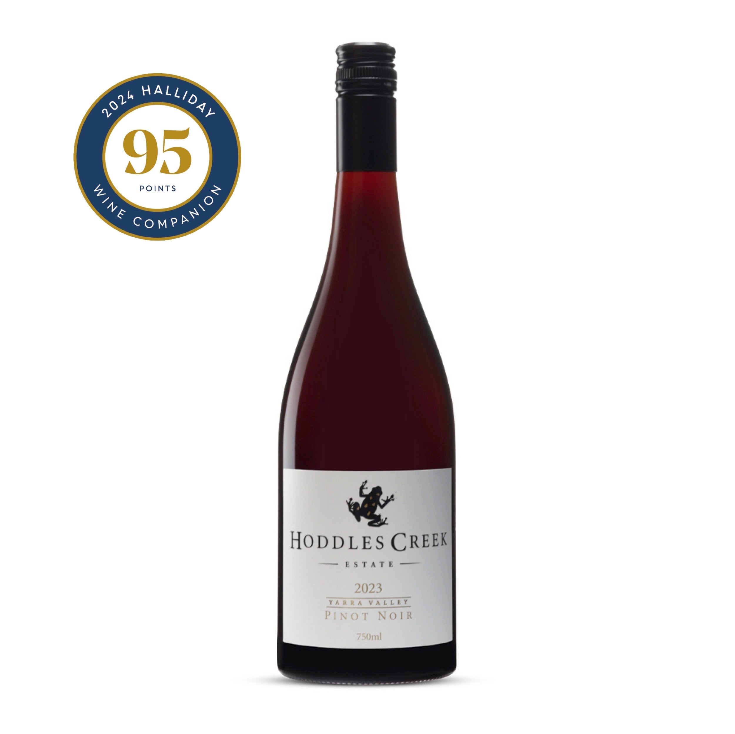 Bottle of Hoddles Creek Estate 2023 Pinot Noir wine with a dark screw cap and a deep red hue. The label features the winery's name, estate logo, and the details of the vintage and wine type. Buy Wine online at Wine Simple