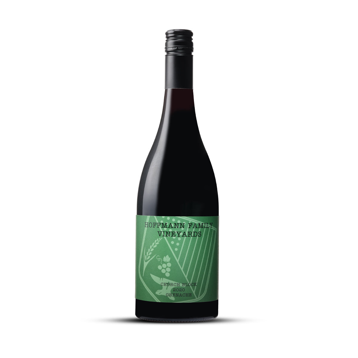 A bottle of Hoffmann Church Block Grenache 2020 with a distinctive green label, showcasing the Hoffmann Family Vineyards branding and the Grenache varietal from the Barossa Valley. Buy wine online at Wine Simple.