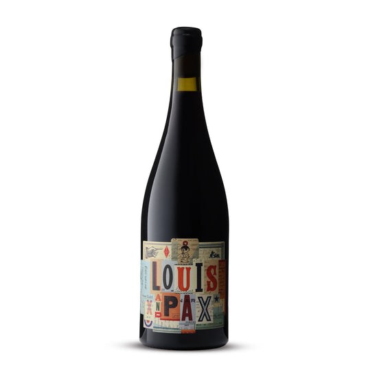 An image of a Louis and Pax wine bottle with an intricately designed label featuring a collage of vintage-style elements, texts, and graphics. The brand name 'LOUIS AND PAX' is prominently displayed in bold typography. The bottle has a yellow neck label and is topped with a black screw cap, set against a plain background, highlighting the artistic label design.