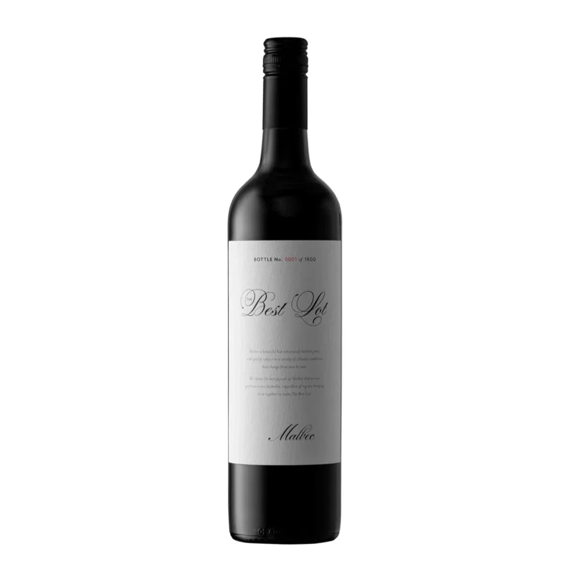 A bottle of The Best Lot Malbec 2022 by Richard Bate, showcasing a minimalist white label with elegant script, against a neutral backdrop.