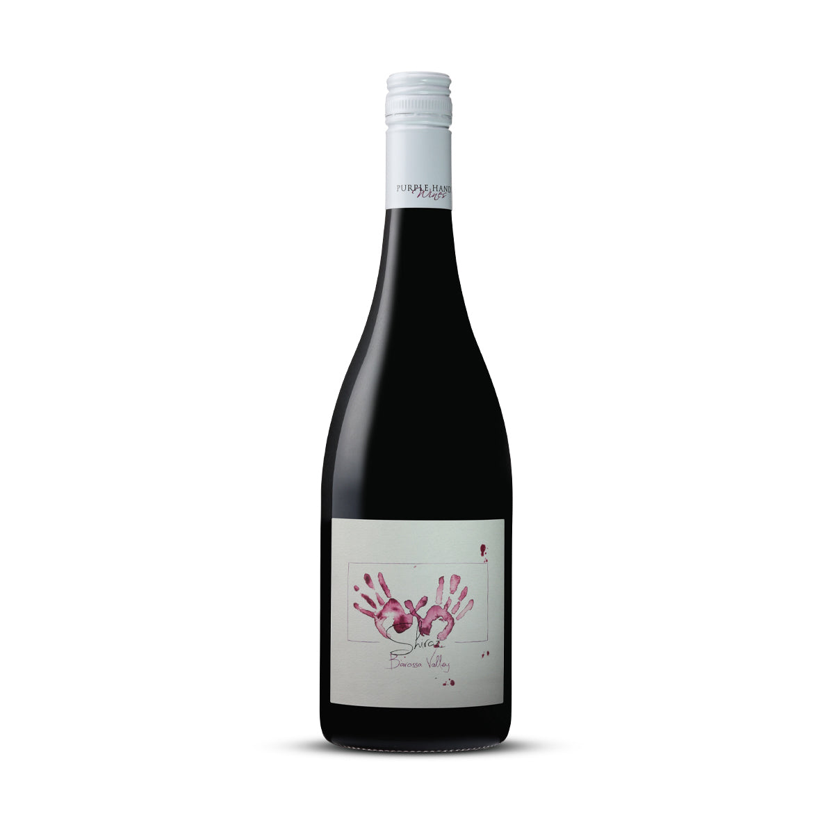 Bottle of Purple Hands 2022 Barossa Valley Shiraz, displaying its classic label with a white background and purple handprints, encapsulating the essence of the Barossa Valley.