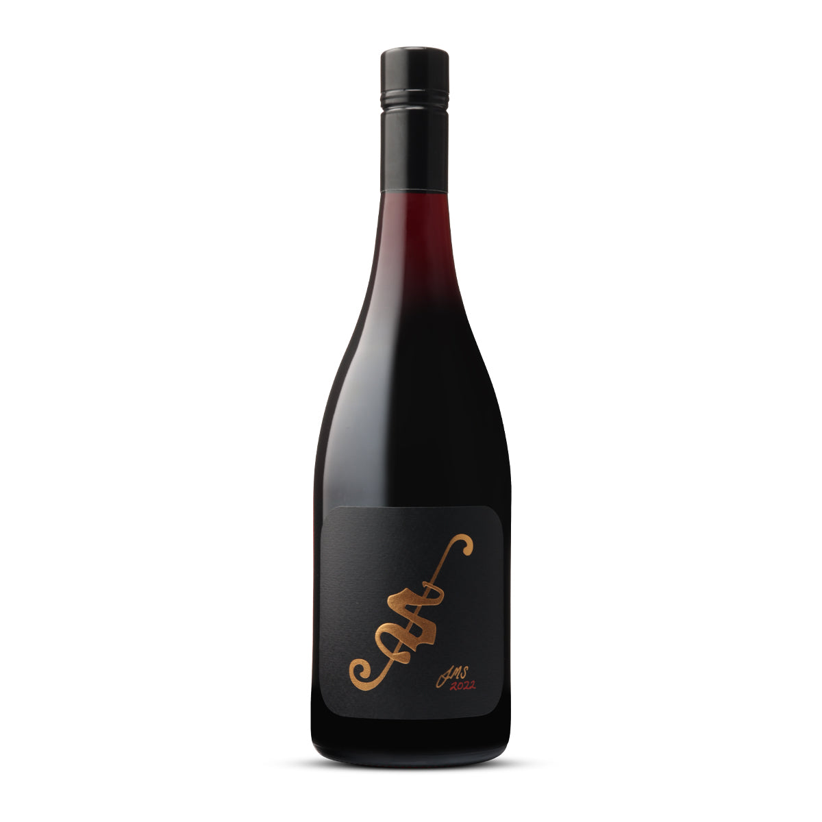 Image of a sleek wine bottle with a dark glass that gradually reveals the red wine within. The label is a sophisticated matte black with a golden, cursive signature that reads 'Scanlon' and the initials 'JSR' below in a lighter gold tone. The vintage year '2022' is discreetly placed in the bottom right corner of the label. The bottle's cap is black, matching the elegant and minimalistic aesthetic of the packaging.