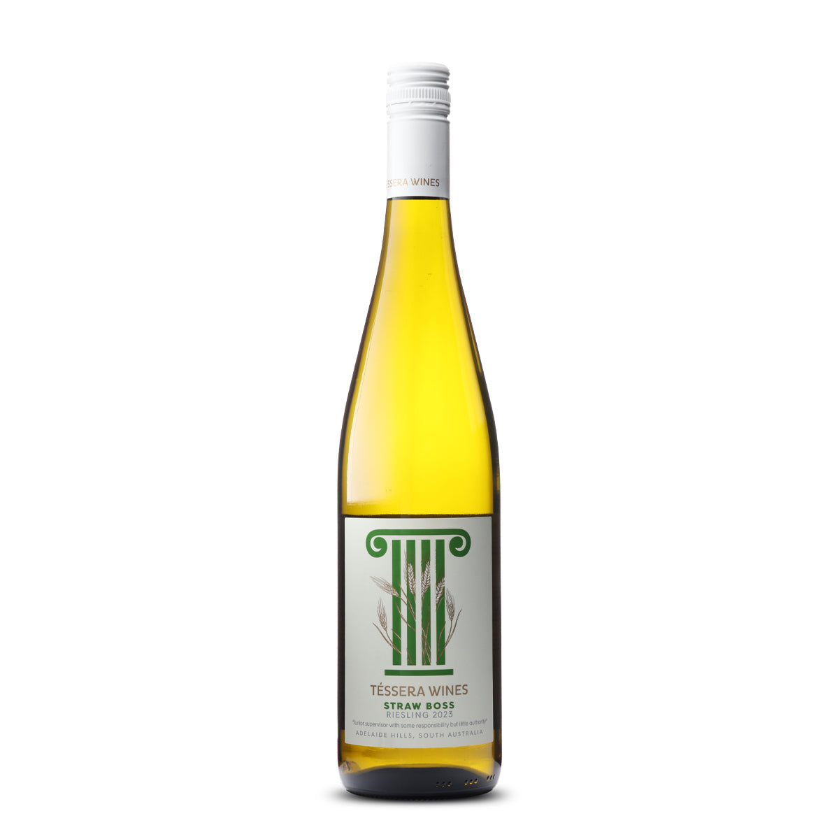 A bottle of Téssera Wines Straw Boss Riesling 2023 from Adelaide Hills, South Australia. The wine has a vibrant, clear yellow color, suggesting a young and fresh wine. The label is minimalistic, with a white background and the Téssera Wines logo at the top. The name 