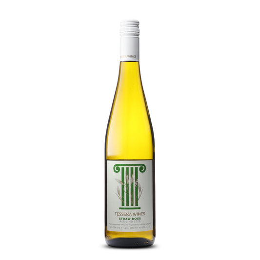 A bottle of Téssera Wines Straw Boss Riesling 2023 from Adelaide Hills, South Australia. The wine has a vibrant, clear yellow color, suggesting a young and fresh wine. The label is minimalistic, with a white background and the Téssera Wines logo at the top. The name "Straw Boss" is prominently displayed in bold, green letters, along with an illustration of wheat sheaves. Below, the wine variety and vintage year are stated, emphasizing the wine's origin and quality. 