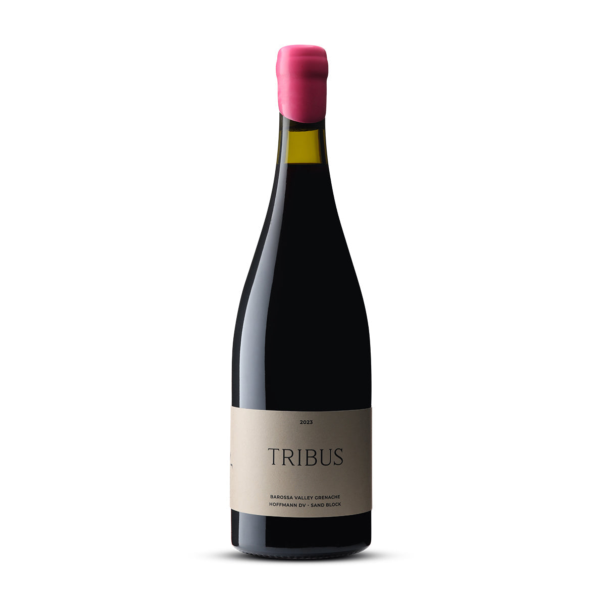 A bottle of Tribus Hoffmann Sand Block Grenache 2023 featuring a light plum and pink-hued wine, with notes of red fruits and festive spices.