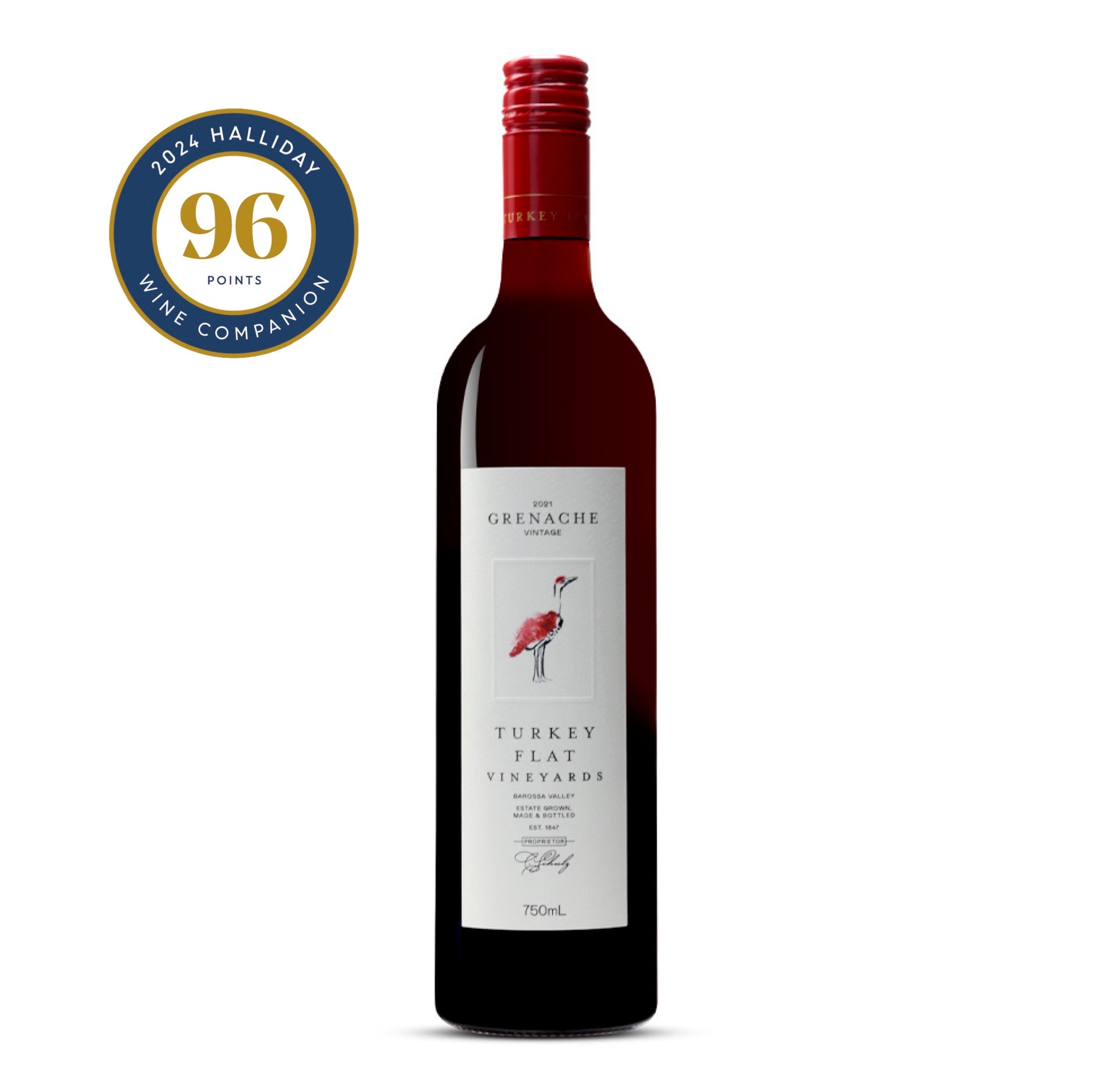 Bottle of Turkey Flat Vineyards 2021 Grenache wine from the Barossa Valley, featuring a red screw cap and a label with an illustration of a turkey. The bottle also displays a gold seal indicating a 96-point rating from the 2024 Halliday Wine Companion.