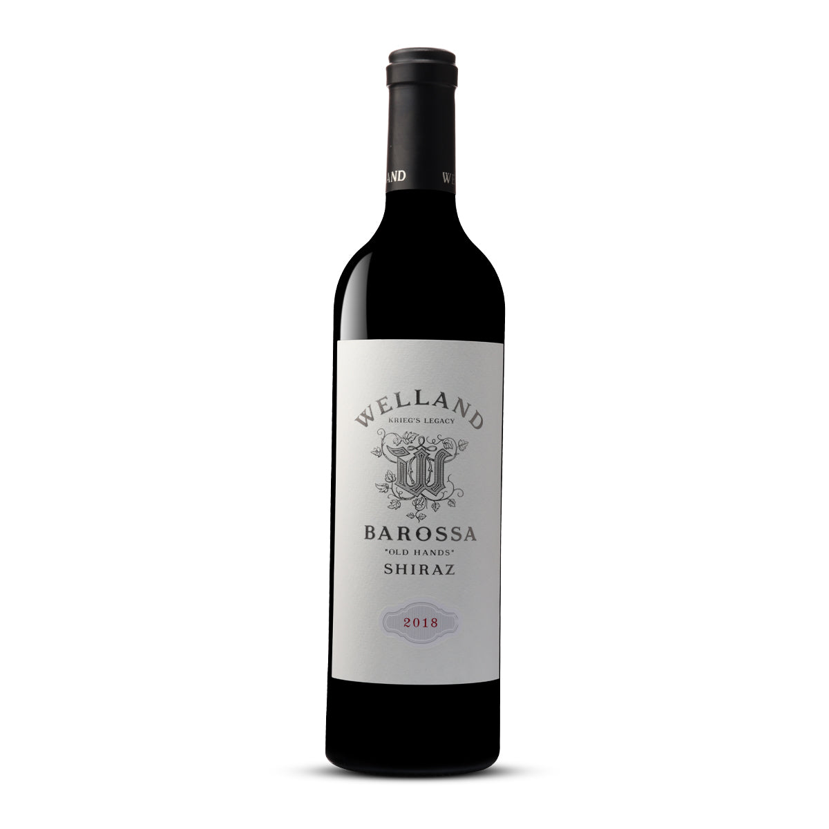 The winery's name 'WELLAND' is at the top in bold black letters, and 'BAROSSA' is prominently displayed underneath. The words 'OLD HANDS' in quotation marks add character, and the type of wine Shiraz, along with the vintage year, are elegantly presented at the bottom of the label