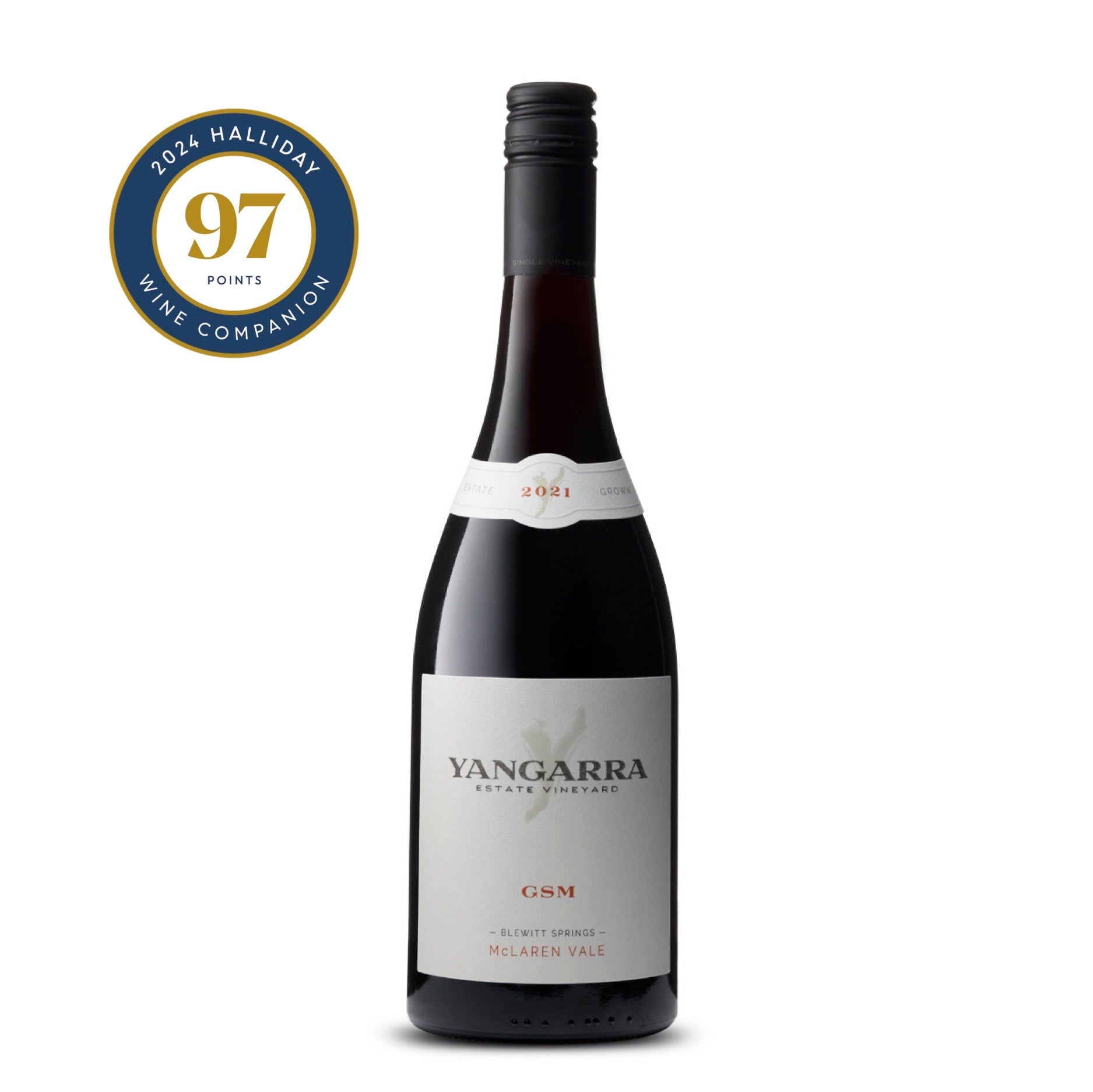 The image shows a bottle of Yangarra Estate Vineyard GSM from the 2021 vintage. GSM stands for Grenache, Syrah, and Mourvèdre, indicating the types of grapes blended to make this wine. The label is simple and elegant, with a clean white background and the winery's name 